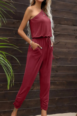 Drawstring Waist One-Shoulder Jumpsuit with Pockets Divacious