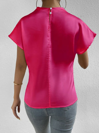 Ruched Mock Neck Short Sleeve Blouse Divacious