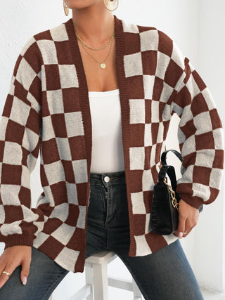 Checkered Open Front Long Sleeve Cardigan - Divacious