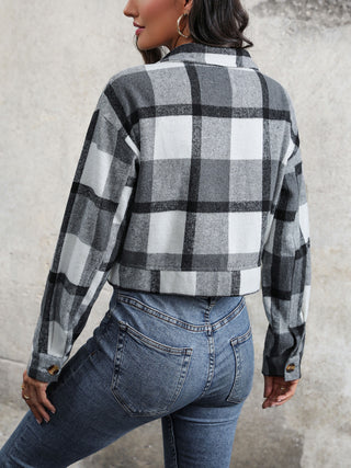 Plaid Button Up Drop Shoulder Cropped Jacket Divacious