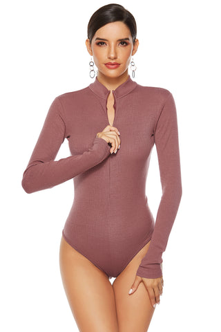 Full Size Ribbed Half Zip Long Sleeve Bodysuit Divacious