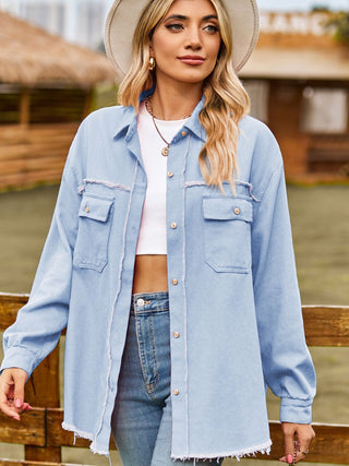 Button Up Collared Neck Raw Hem Denim Top Divacious