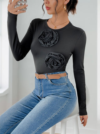 Flower Round Neck Long Sleeve Bodysuit - Divacious