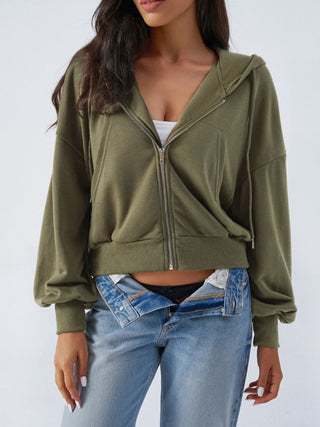 Drawstring Zip Up Long Sleeve Hoodie - Divacious