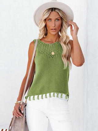 Cutout Tassel Round Neck Tank Divacious