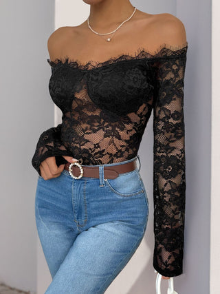 Lace Off-Shoulder Long Sleeve Bodysuit - Divacious