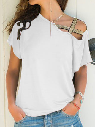 Asymmetrical Neck Short Sleeve T-Shirt Divacious