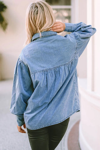 Collared Neck Lantern Sleeve Denim Top Divacious