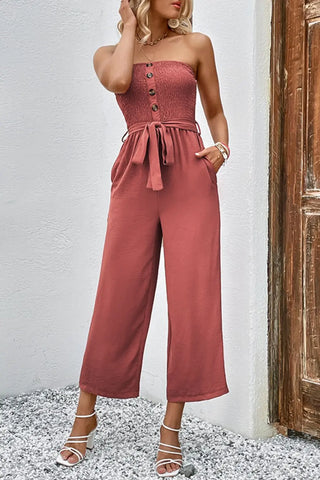 Decorative Button Strapless Smocked Jumpsuit with Pockets Divacious