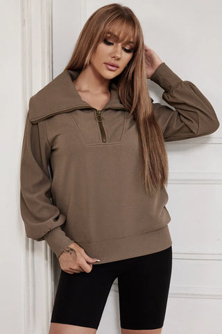 Pocketed Quarter Zip Collared Neck Sweatshirt Divacious