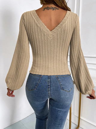 Cable-Knit V-Neck Long Sleeve Knit Top Divacious