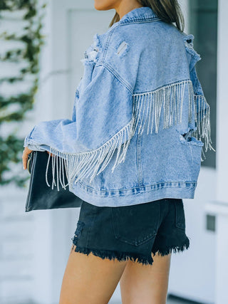 Distressed Fringe Denim Jacket Divacious