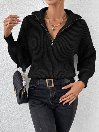 Half Zip Dropped Shoulder Sweater - Divacious