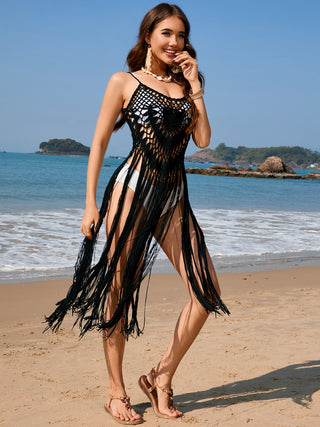 Fringe Openwork Spaghetti Strap Cover-Up Divacious