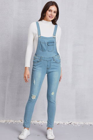 Distressed Washed Denim Overalls with Pockets Divacious