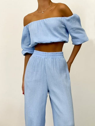 Off Shoulder Long Sleeve Top and Pants Set Trendsi