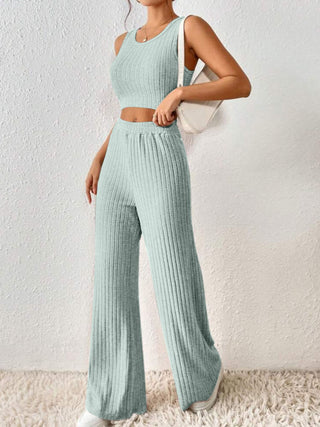 Ribbed Round Neck Tank and Pants Sweater Set Trendsi