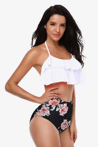 Two-Tone Ruffled Halter Neck Two-Piece Swimsuit Divacious