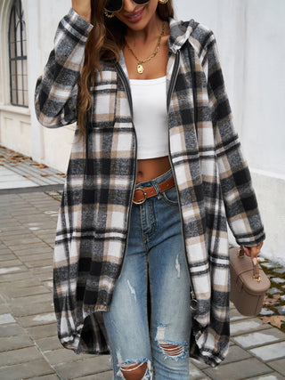 Plaid Zip Up Hooded Coat Divacious