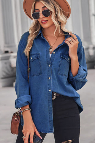 Collared Neck Dropped Shoulder Denim Top Divacious