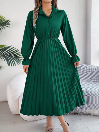 Pleated Half Button Long Sleeve Midi Dress Trendsi