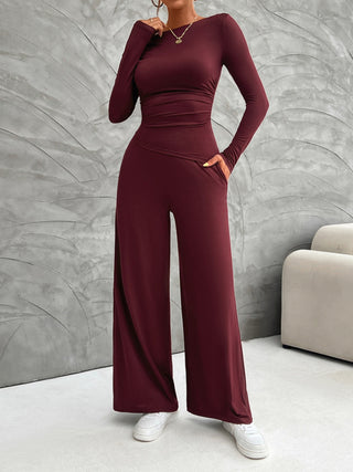 Devine Long Sleeve Top and Wide Leg Pants Set Trendsi