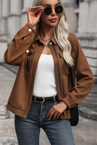 Textured Zip Up Collared Neck Jacket Divacious