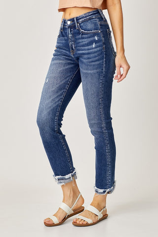 Full Size High-Rise Frayed Cuffed Straight Jeans Divacious