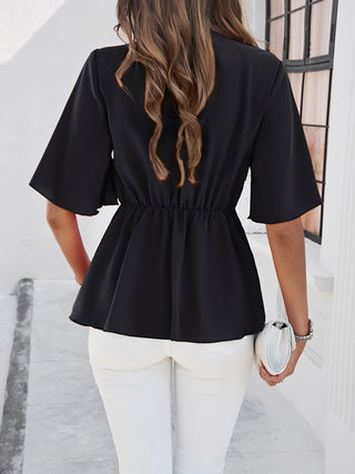 Surplice Tie Waist Half Sleeve Blouse Divacious