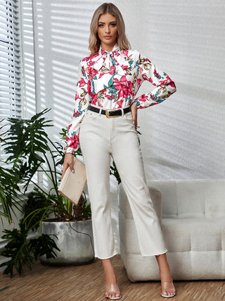 Printed Tie Neck Long Sleeve Blouse Divacious