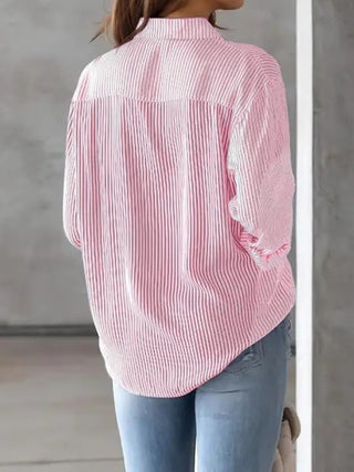 Striped Collared Neck Long Sleeve Shirt Divacious