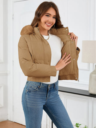 Pocketed Long Sleeve Cropped Hooded Winter Coat - Divacious