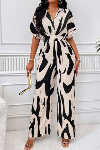 Printed V-Neck Short Sleeve Wide Leg Jumpsuit Divacious