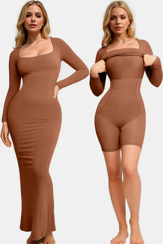 Built-In Shapewear Square Neck Long Sleeve Maxi Dress - Divacious