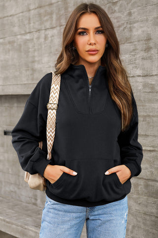 Half Zip Drop Shoulder Sweatshirt and Pocket Divacious