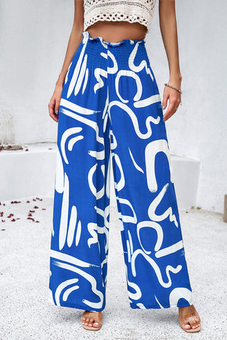 Smocked Printed Wide Leg Pants with Pockets Divacious