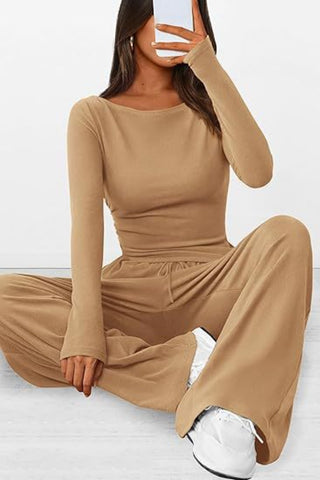 Round Neck Long Sleeve Top and Pants Set Trendsi