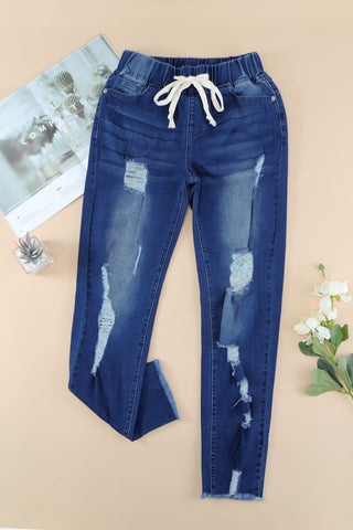 Drawstring Distressed Raw Hem Jeans with Pockets Divacious