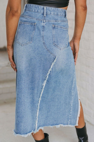 Raw Hem Slit Denim Skirt with Pockets Divacious