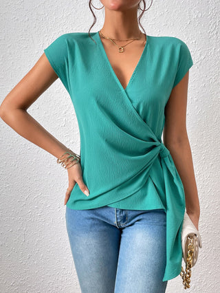 Tied Surplice Neck Short Sleeve Blouse Divacious