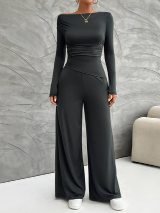 Devine Long Sleeve Top and Wide Leg Pants Set Trendsi