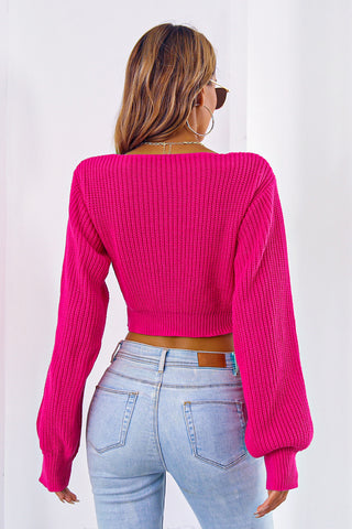 Bow V-Neck Long Sleeve Cropped Sweater Divacious