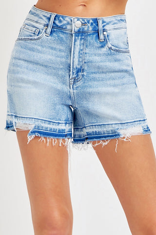 High Rise Distressed Hem Denim Shorts Divacious