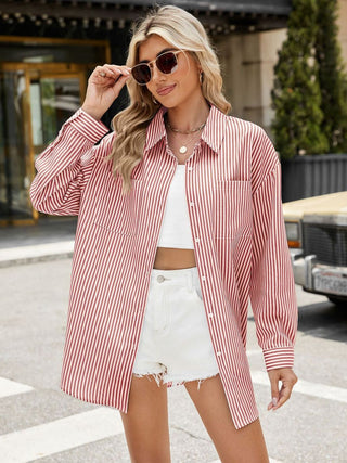 Pocketed Striped Collared Neck Long Sleeve Shirt Divacious