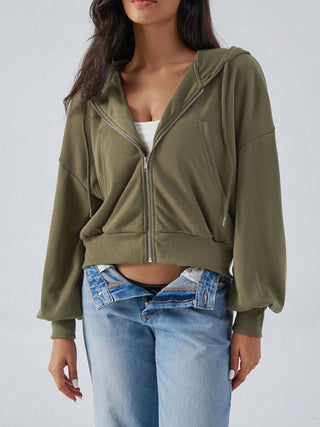 Drawstring Zip Up Long Sleeve Hoodie - Divacious