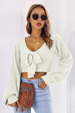 Bow V-Neck Long Sleeve Cropped Sweater Divacious