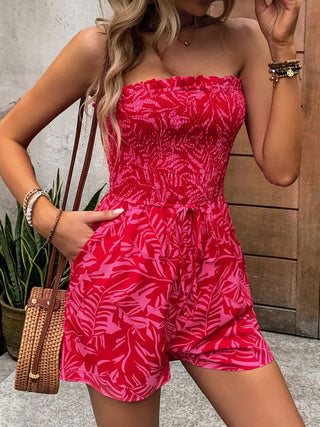 Smocked Printed Tube Romper with Pockets Divacious