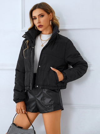 Snap and Zip Closure Drawstring Cropped Winter Coat Divacious