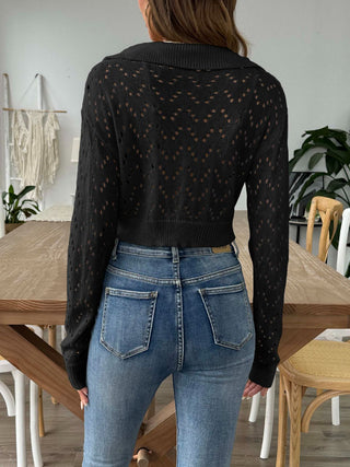 Openwork Collared Neck Long Sleeve Knit Top Divacious