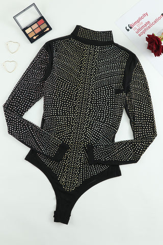 Rhinestone Mock Neck Long Sleeve Bodysuit Divacious